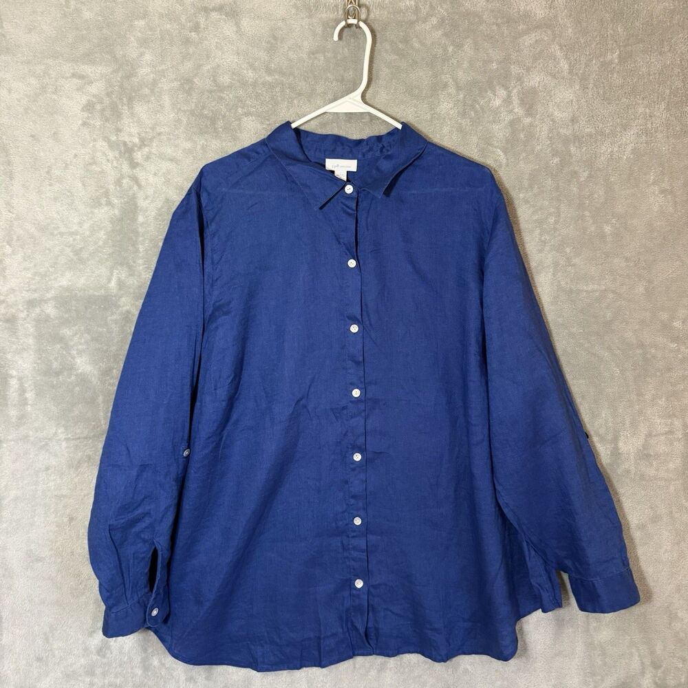 J Jill Top Love Linen Navy Blue 2X Button Roll Tab Sleeves Collared 100% Linen